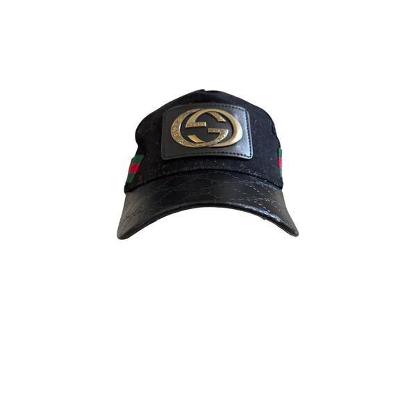 Gucci Black GG Imprime Leather Cap Interlocking GG Web Stripe Hat Luxury Regency main image 4